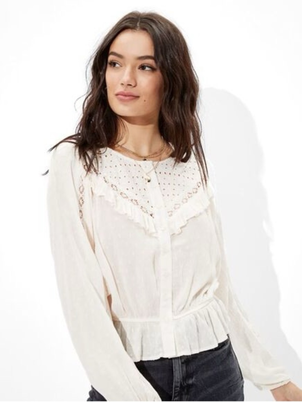 American Eagle Outfitters Cream Eyelet Ruffle Button-Down Blouse